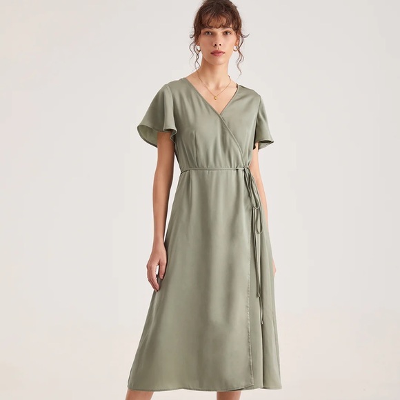 Flutter Sleeve Side Tie Wrap Midi Dress - Picture 1 of 6